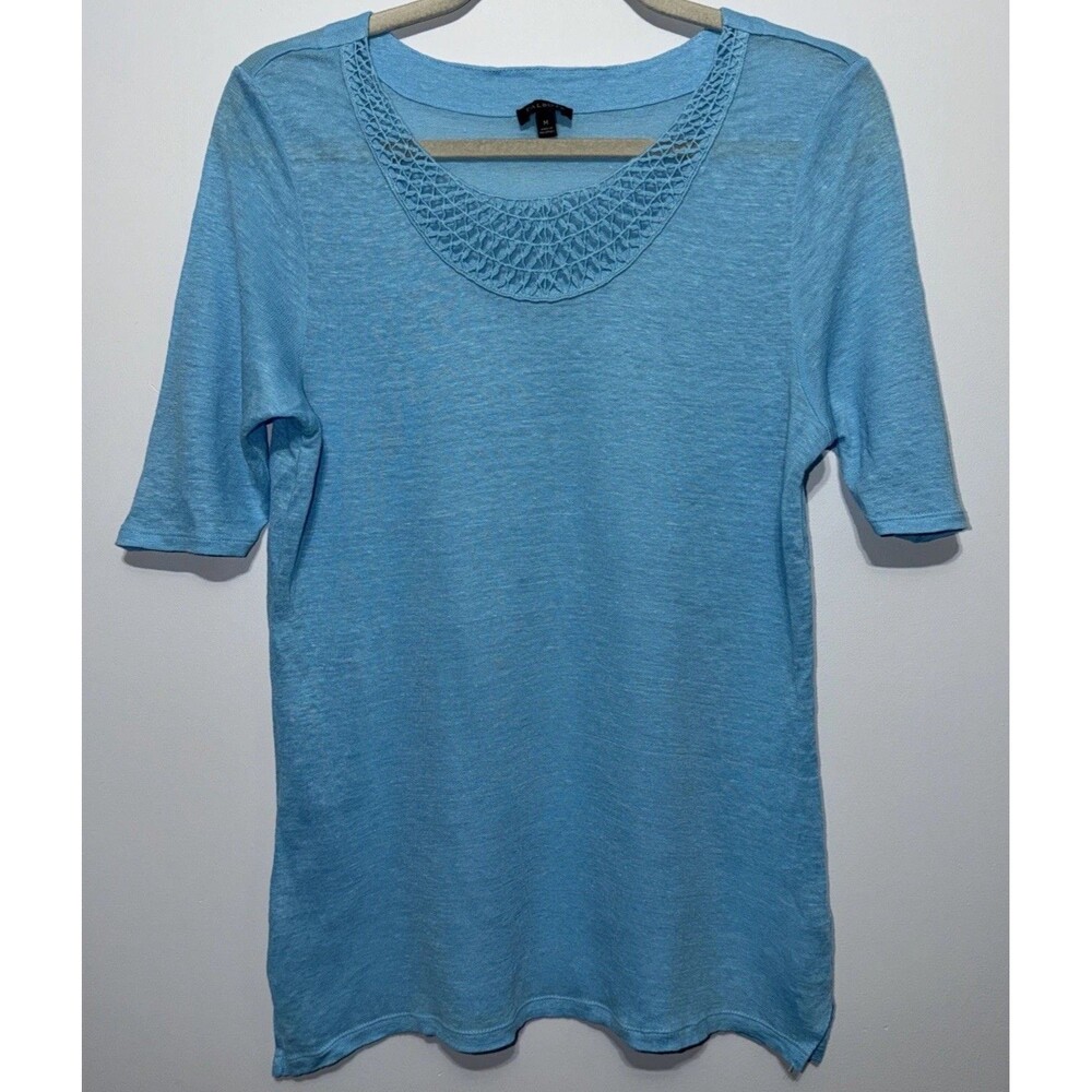 Talbots Women’s M Blue Short Sleeve Pull Over 100% Linen Shirt Top Crotchet